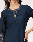 Solid Straight Viscose Kurta Set with Zari Embroidery and Chiffon Dupatta