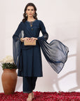 Solid Straight Viscose Kurta Set with Zari Embroidery and Chiffon Dupatta