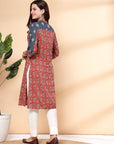 Paisley Printed Cotton Kurta with Mirror Embroidered Yoke & Mandarin Collar
