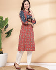 Paisley Printed Cotton Kurta with Mirror Embroidered Yoke & Mandarin Collar