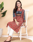 Paisley Printed Cotton Kurta with Mirror Embroidered Yoke & Mandarin Collar