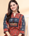 Paisley Printed Cotton Kurta with Mirror Embroidered Yoke & Mandarin Collar