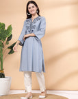 Solid A-Line Chambray Kurta with Mandarin Collar