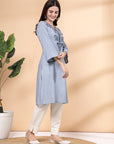 Solid A-Line Chambray Kurta with Mandarin Collar