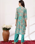 Floral Printed A-Line High Low Chanderi Kurta Set with Embroidery