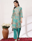 Floral Printed A-Line High Low Chanderi Kurta Set with Embroidery
