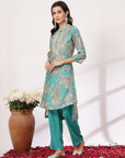 Floral Printed A-Line High Low Chanderi Kurta Set with Embroidery
