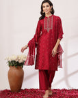 Silk Straight Kurta Set with Zari Collar, Embroidered Cuffs & Sequin-Detailed Dupatta