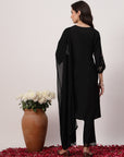 Solid Straight Viscose Kurta Set with Embroidery and Laced Dupatta