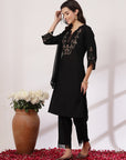 Solid Straight Viscose Kurta Set with Embroidery and Laced Dupatta