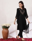 Solid Straight Viscose Kurta Set with Embroidery and Laced Dupatta