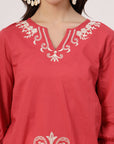 Thread Embroidered Red Cotton Top with Lace-Trim Sleeves