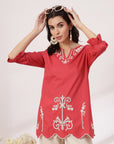 Thread Embroidered Red Cotton Top with Lace-Trim Sleeves