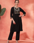 Solid Straight Cotton Cambric Kurta Set with Ethnic Embroidery