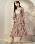 Paisley Printed Poly Linen Flared Dress with Embroidery