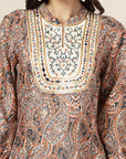 Paisley Printed Poly Linen Flared Dress with Embroidery