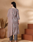 Floral Printed Poly Muslin Kurta Set with Zari Embroidery, Palazzo & Chiffon Dupatta