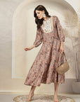 Paisley Printed Poly Linen Flared Dress with Embroidery