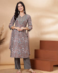 Floral Printed Poly Muslin Kurta Set with Zari Embroidery, Palazzo & Chiffon Dupatta