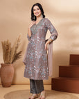Floral Printed Poly Muslin Kurta Set with Zari Embroidery, Palazzo & Chiffon Dupatta