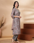 Floral Printed Poly Muslin Kurta Set with Zari Embroidery, Palazzo & Chiffon Dupatta
