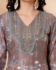 Floral Printed Poly Muslin Kurta Set with Zari Embroidery, Palazzo & Chiffon Dupatta