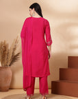 Solid Straight Viscose Kurta Set with Embroidery and Laced Dupatta
