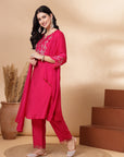 Solid Straight Viscose Kurta Set with Embroidery and Laced Dupatta