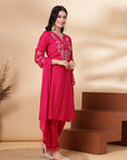 Solid Straight Viscose Kurta Set with Embroidery and Laced Dupatta
