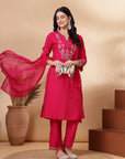 Solid Straight Viscose Kurta Set with Embroidery and Laced Dupatta