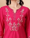 Solid Straight Viscose Kurta Set with Embroidery and Laced Dupatta