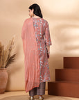 Floral Printed Poly Muslin Kurta Set with Zari Embroidery, Palazzo & Chiffon Dupatta