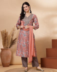 Floral Printed Poly Muslin Kurta Set with Zari Embroidery, Palazzo & Chiffon Dupatta