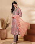 Floral Printed Poly Muslin Kurta Set with Zari Embroidery, Palazzo & Chiffon Dupatta