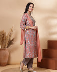 Floral Printed Poly Muslin Kurta Set with Zari Embroidery, Palazzo & Chiffon Dupatta