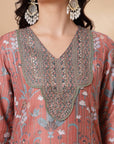 Floral Printed Poly Muslin Kurta Set with Zari Embroidery, Palazzo & Chiffon Dupatta