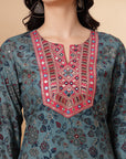 Floral Printed Straight Rayon Kurta with Thread Embroidery and Garara Set