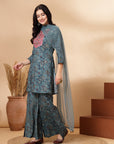 Floral Printed Straight Rayon Kurta with Thread Embroidery and Garara Set