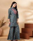 Floral Printed Straight Rayon Kurta with Thread Embroidery and Garara Set