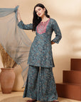 Floral Printed Straight Rayon Kurta with Thread Embroidery and Garara Set