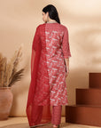 Floral Printed Straight Poly Muslin Kurta Set with Zari Embroidery and Organza Dupatta