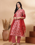 Floral Printed Straight Poly Muslin Kurta Set with Zari Embroidery and Organza Dupatta