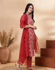 Floral Printed Straight Poly Muslin Kurta Set with Zari Embroidery and Organza Dupatta
