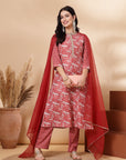Floral Printed Straight Poly Muslin Kurta Set with Zari Embroidery and Organza Dupatta