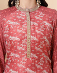 Floral Printed Straight Poly Muslin Kurta Set with Zari Embroidery and Organza Dupatta