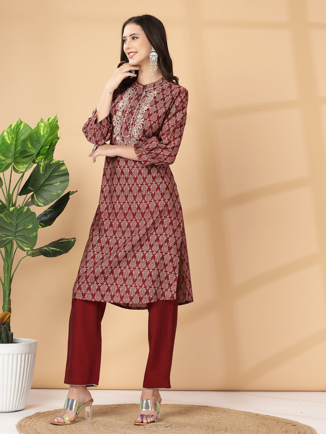 Ethnic Printed Viscose Kurta with Embroidery & Palazzo Set
