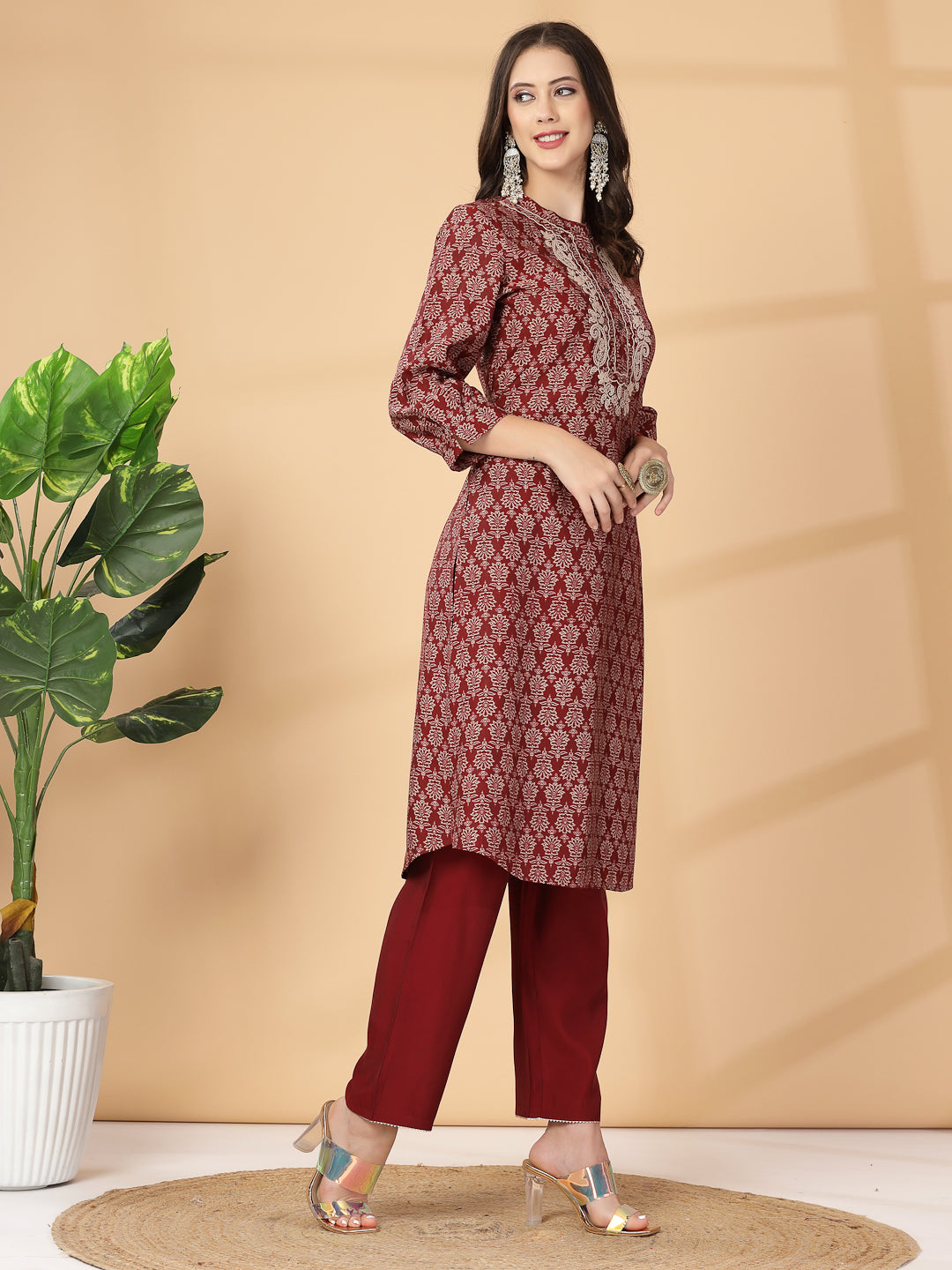Ethnic Printed Viscose Kurta with Embroidery & Palazzo Set
