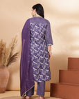 Floral Printed Straight Poly Muslin Kurta Set with Zari Embroidery and Organza Dupatta