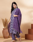 Floral Printed Straight Poly Muslin Kurta Set with Zari Embroidery and Organza Dupatta