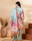 Floral Linen Kurta Set with Mirror Embroidery & Printed Muslin Dupatta